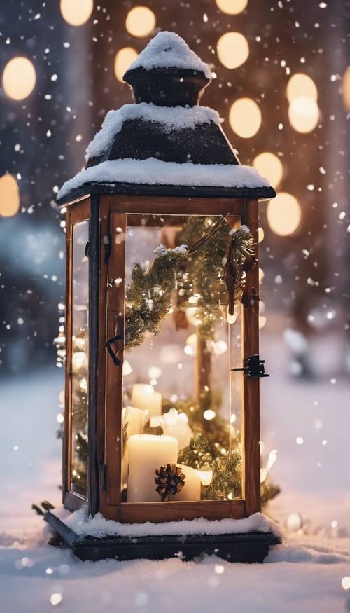 Una escena conmovedora de decoraciones festivas en una calle cubierta de nieve.