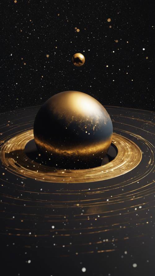 Złota planeta z pierścieniami zawieszona w nieskończonej czarnej pustce kosmosu.