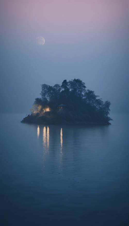A mysterious foggy island in twilight, surrounded by dark blue waters and visible only under the faint glow of moonlight.