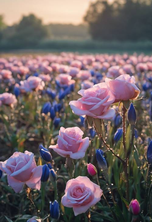 Pemandangan pagi hari dengan mawar merah muda yang tertutup embun di tengah hamparan bunga iris biru yang subur