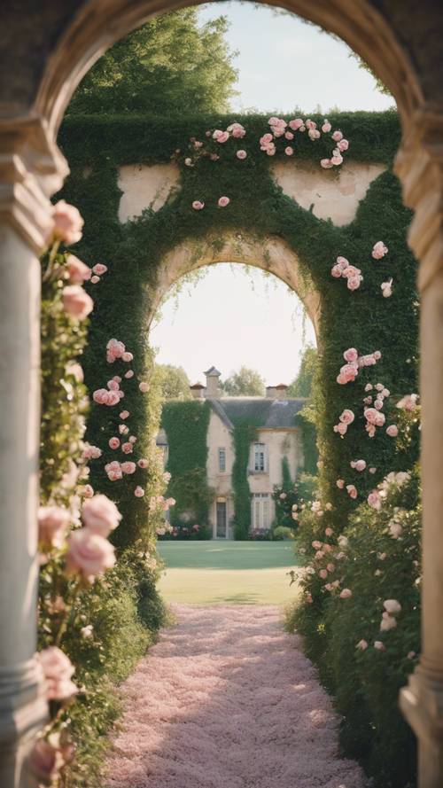 Ein atemberaubendes französisches Landhaus mit einem klassischen Bogen, inmitten eines blühenden Rosengartens.