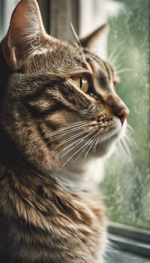 Una fotografía antigua, teñida a mano, de un gato atigrado mayor mirando por una ventana.