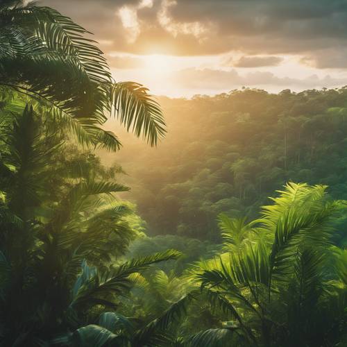 An enchanting tropical sunrise that bathes a dense evergreen rainforest in a soft green light.