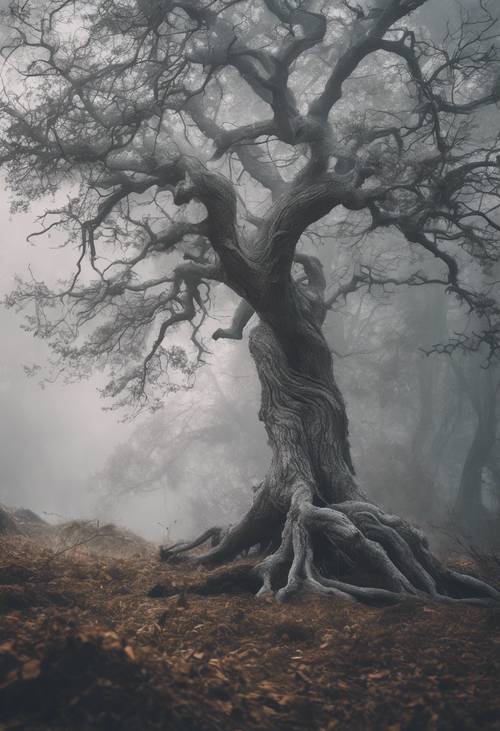 Un arbre gris noueux à la lisière d’une forêt brumeuse.