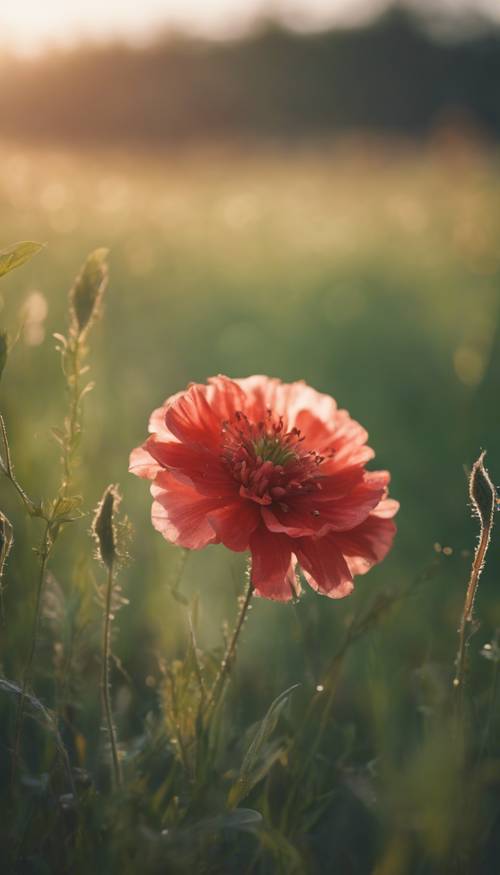 Pastelowy czerwony kwiat kwitnie na zielonej łące o wschodzie słońca.