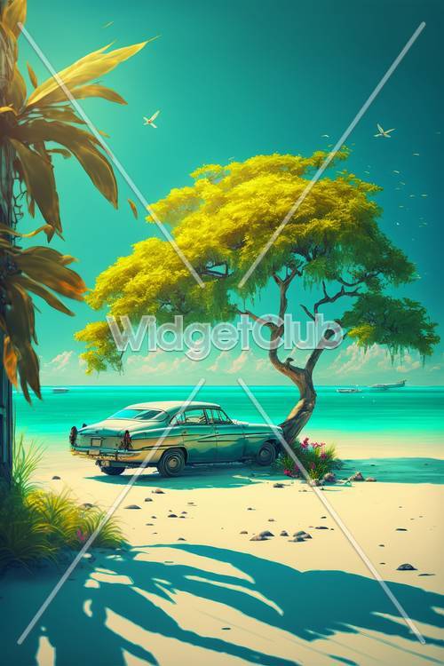 Chiếc xe cổ và cây vàng trên bãi biển nhiệt đới