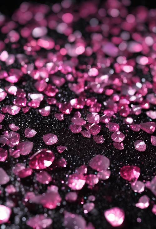 微小的粉红色亮片随机散布在光滑的黑色背景上。