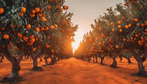 夕陽下明亮的橙色光環下，一片茂盛的橙樹林