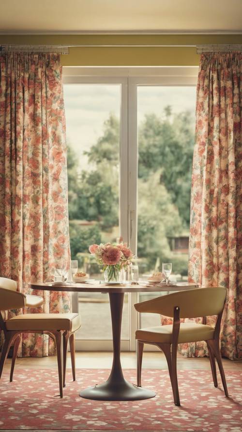 A 1960s style retro dining room with floral printed table cloth and matching curtain.