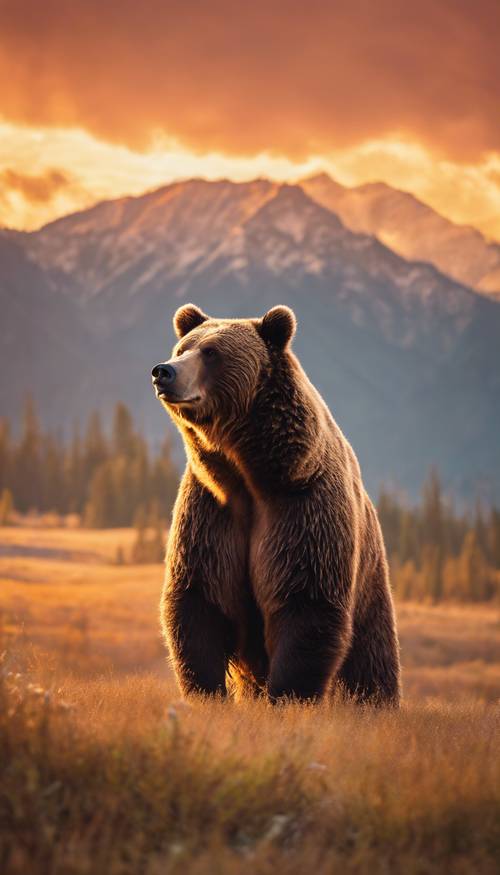 หมีกริซลี่ตัวใหญ่ยืนตัวตรงท่ามกลางพระอาทิตย์ตกดินที่สดใส