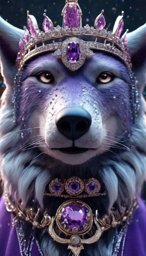 一只紫色的狼，佩戴着闪亮的宝石和银色的王冠，象征着它是一位国王。