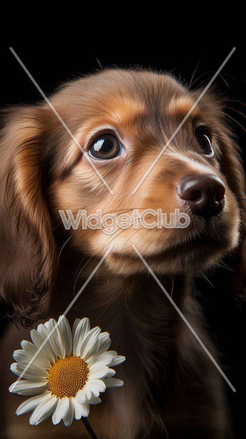 꽃과 귀여운 갈색 강아지