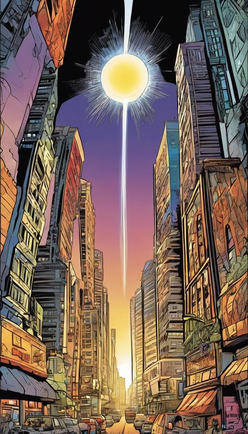 Eine lebendige Cartoon-Stadt im Morgengrauen, deren Strahlen auf die hoch aufragenden Wolkenkratzer treffen.