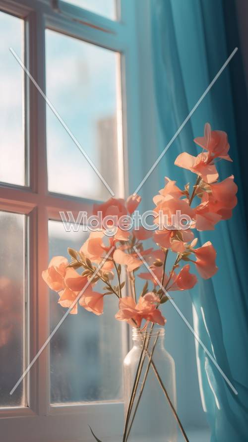 阳光明媚的窗户与橙色的花朵