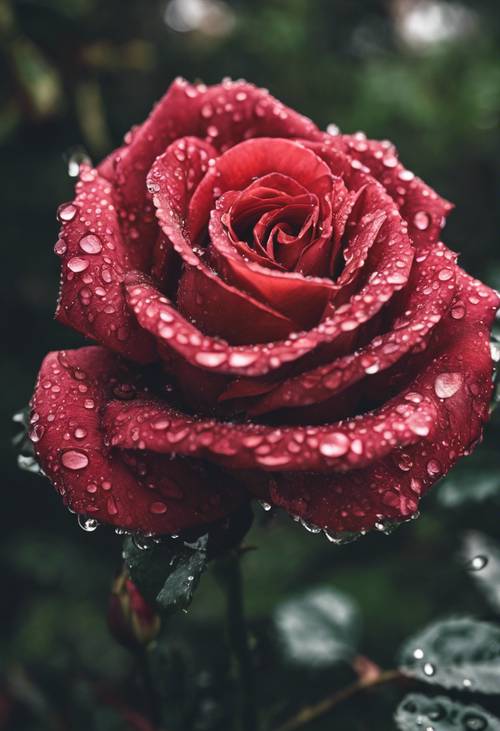 Потрясающий вид на красную розу, поцелованную росой, в цветущем саду после ливня.