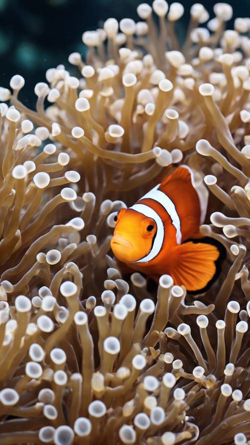A family of clownfish hiding in sea anemone during the daytime. Tapet [4fcbf3e46f6b4796b943]
