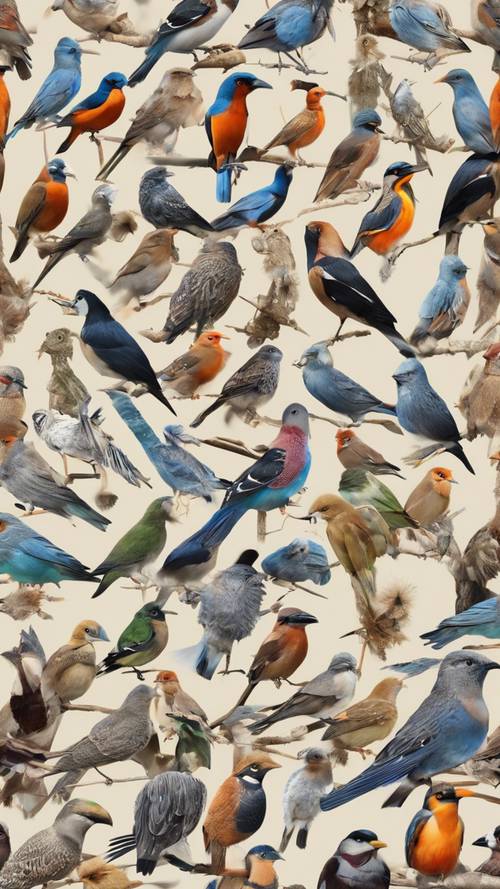 Uma colagem de uma variedade de pássaros em seus habitats formando um padrão uniforme.