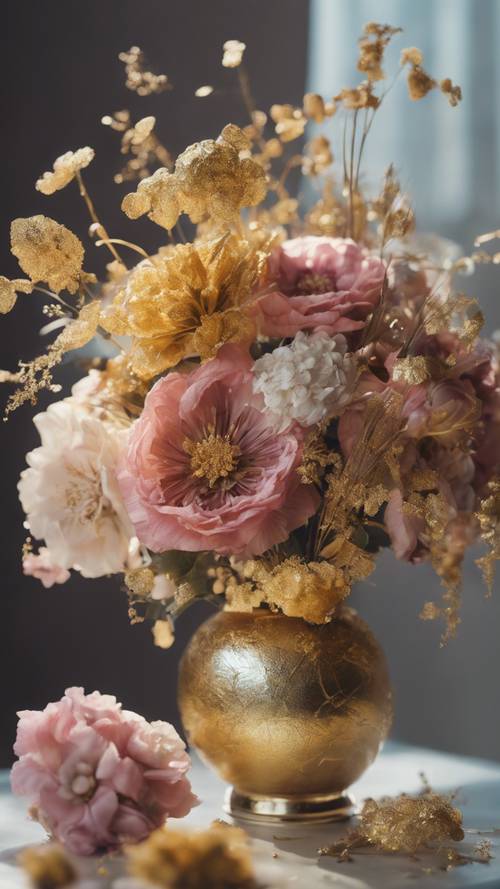 A mixed bouquet of flowers made entirely out of gold leaf