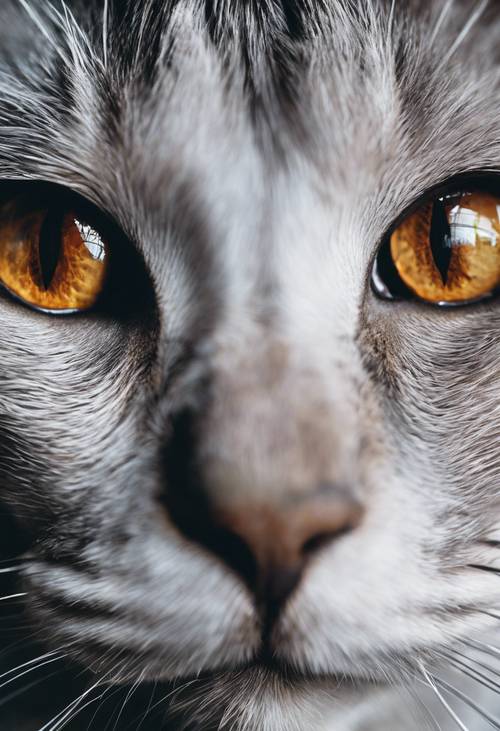 Ein Porträt einer schwarzen Katze mit Augen, die silberne Adern aufweisen und an Marmor erinnern.