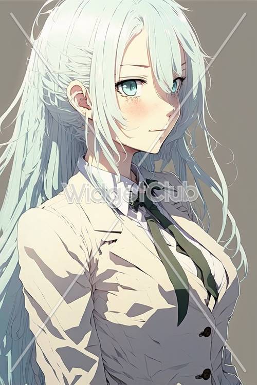 青い髪と緑の目のかわいいアニメ少女