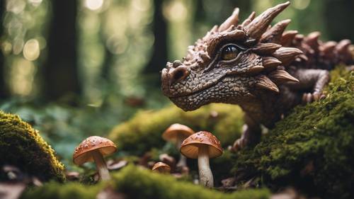 Un dragón del tamaño de un hada jugando al escondite entre setas en un bosque cubierto de maleza.