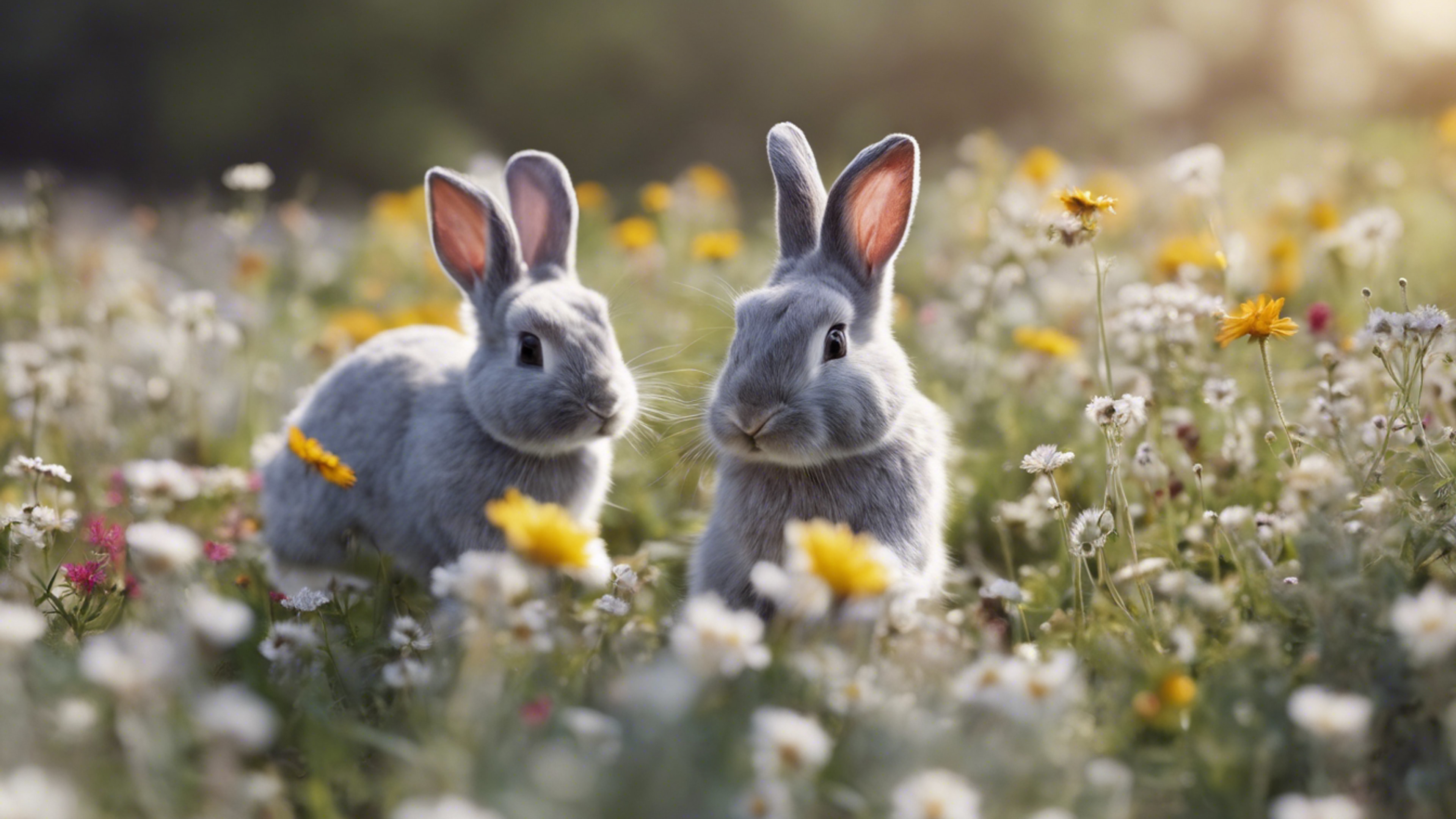 A delightful scene of light gray bunnies hopping joyfully in a field of wildflowers. 牆紙[55b62c2e72f746fbb97a]