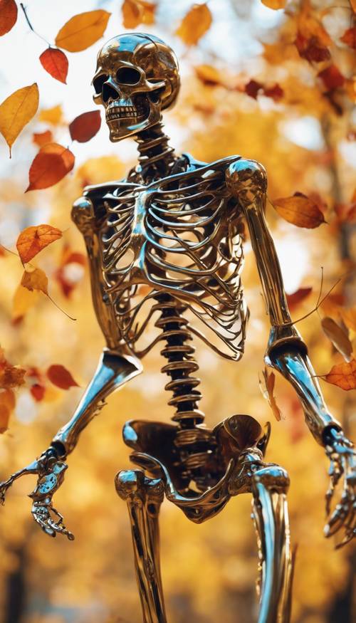 Squelette doré énergique dansant dans un décor automnal animé avec des feuilles colorées tourbillonnantes.
