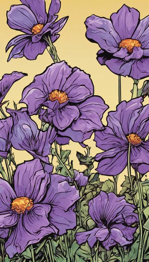 Un groupe de fleurs violettes de dessins animés se balançant dans la brise du soir.