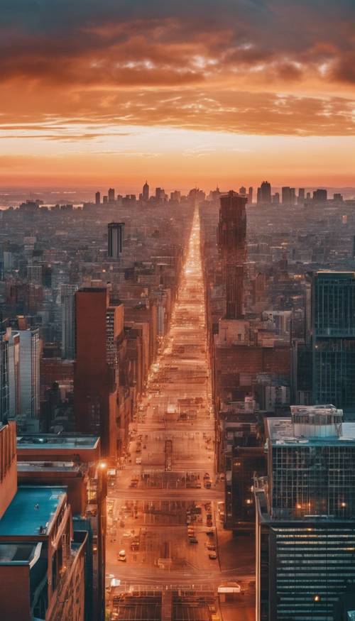 Un amanecer sombrío sobre un extenso paisaje urbano con un horizonte naranja suave que se transforma sutilmente en un cielo azul brillante de la mañana.