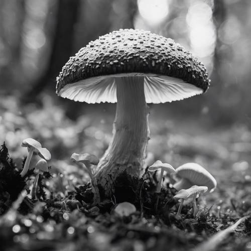 Potret hitam putih yang sangat kontras dari jamur yang muncul dari tanah.