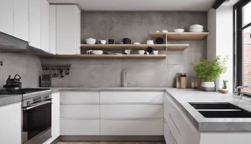 Modern Scandinavian kitchen with white cabinets, concrete countertops, and stainless steel appliances.