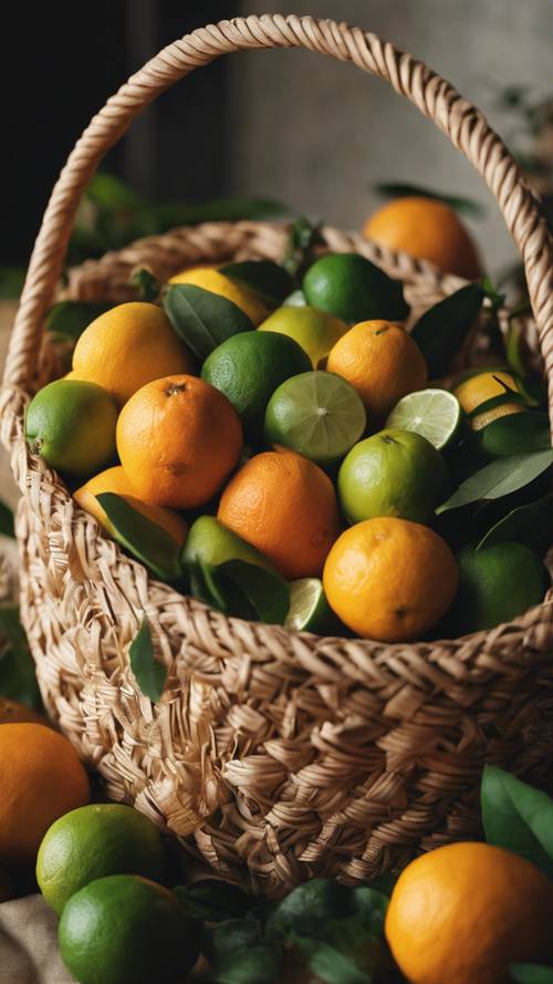 Close-up of an intricately woven linen basket filled with vibrant citrus fruits.