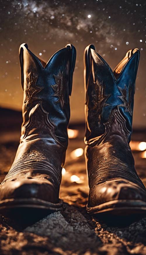 Um par gasto de botas de cowboy vintage perto de uma fogueira, com a Via Láctea no céu noturno estrelado.