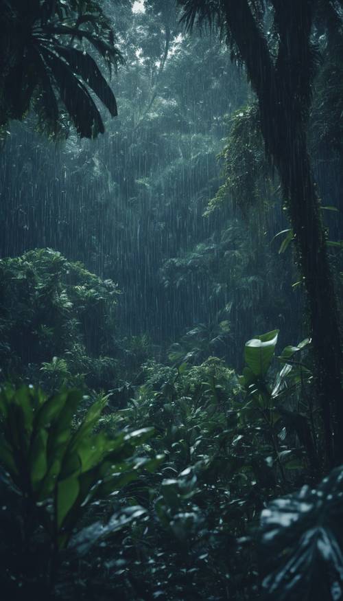 Moody dark blue tropical rainforest during a rain shower