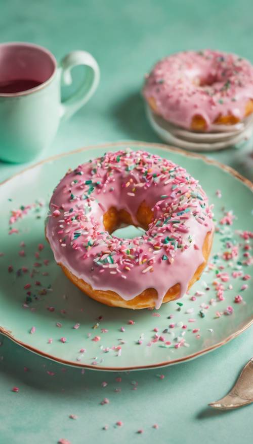 A sprinkled dark pink heart donut on a pastel mint plate.