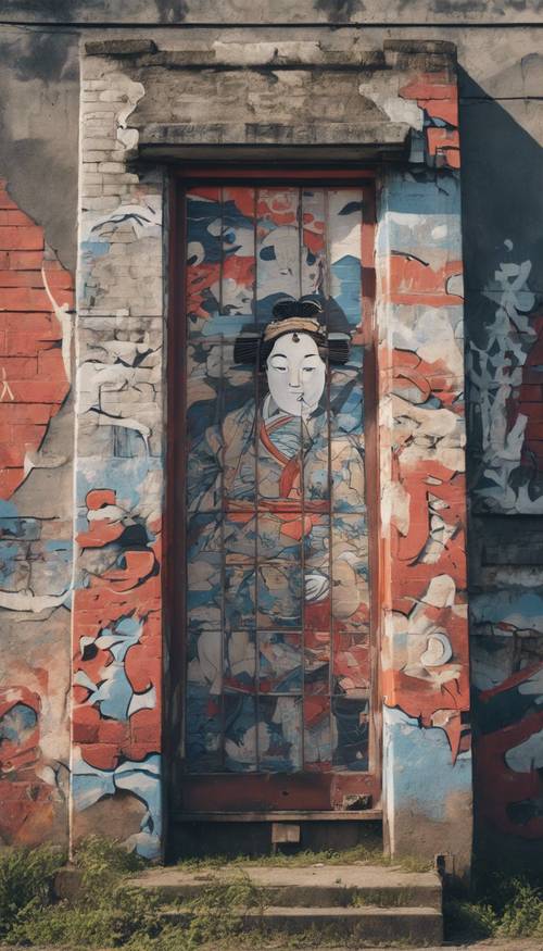 Graffiti-artige Interpretation einer Ukiyo-e-Malerei an der Seite eines verlassenen Gebäudes