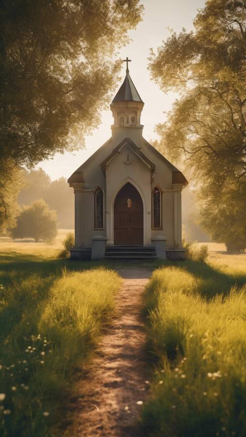 A small humble chapel located in a tranquil meadow, bathed in golden afternoon sunlight.