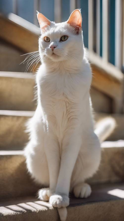 Eine exotische weiße Maine-Coon-Katze thront majestätisch auf der Spitze einer Haustreppe und das Sonnenlicht des späten Nachmittags bringt ihr seidiges Fell zum Vorschein.