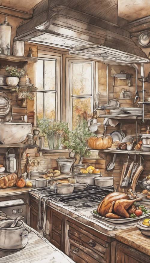 A detailed sketch of an welcoming vintage kitchen bustling with Thanksgiving preparations.