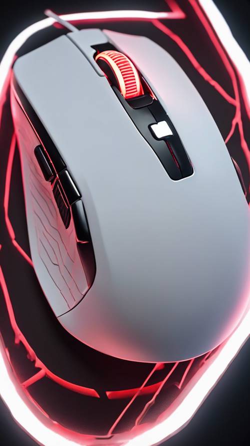 A sleek white gaming mouse with glowing red LED lights set against a dark background