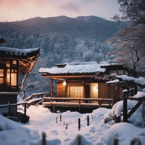 Późnym wieczorem widok na gorący japoński onsen w zaśnieżonych górach.
