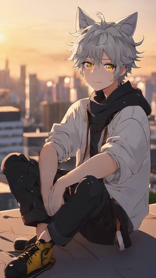 一個有著貓耳和尾巴、灰色頭髮和黃色眼睛的動漫男孩，坐在日落時的屋頂上。