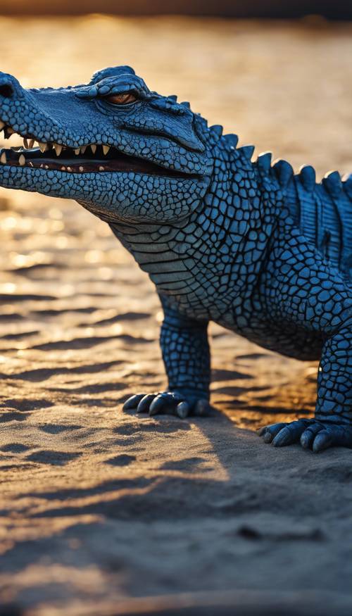 Um crocodilo azul gravado contra o sol poente, criando uma silhueta impressionante.