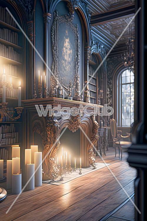 Verzauberter Bibliotheksraum mit Kerzen und magischem Spiegel