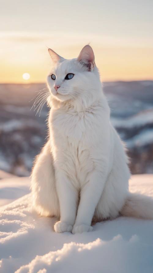 A majestic white Maine Coon cat sitting atop a snowy hill during a winter sunrise.