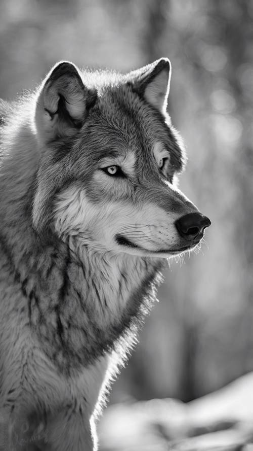 Um retrato em preto e branco de um lobo cinzento, destacando sua textura de pelo áspera.