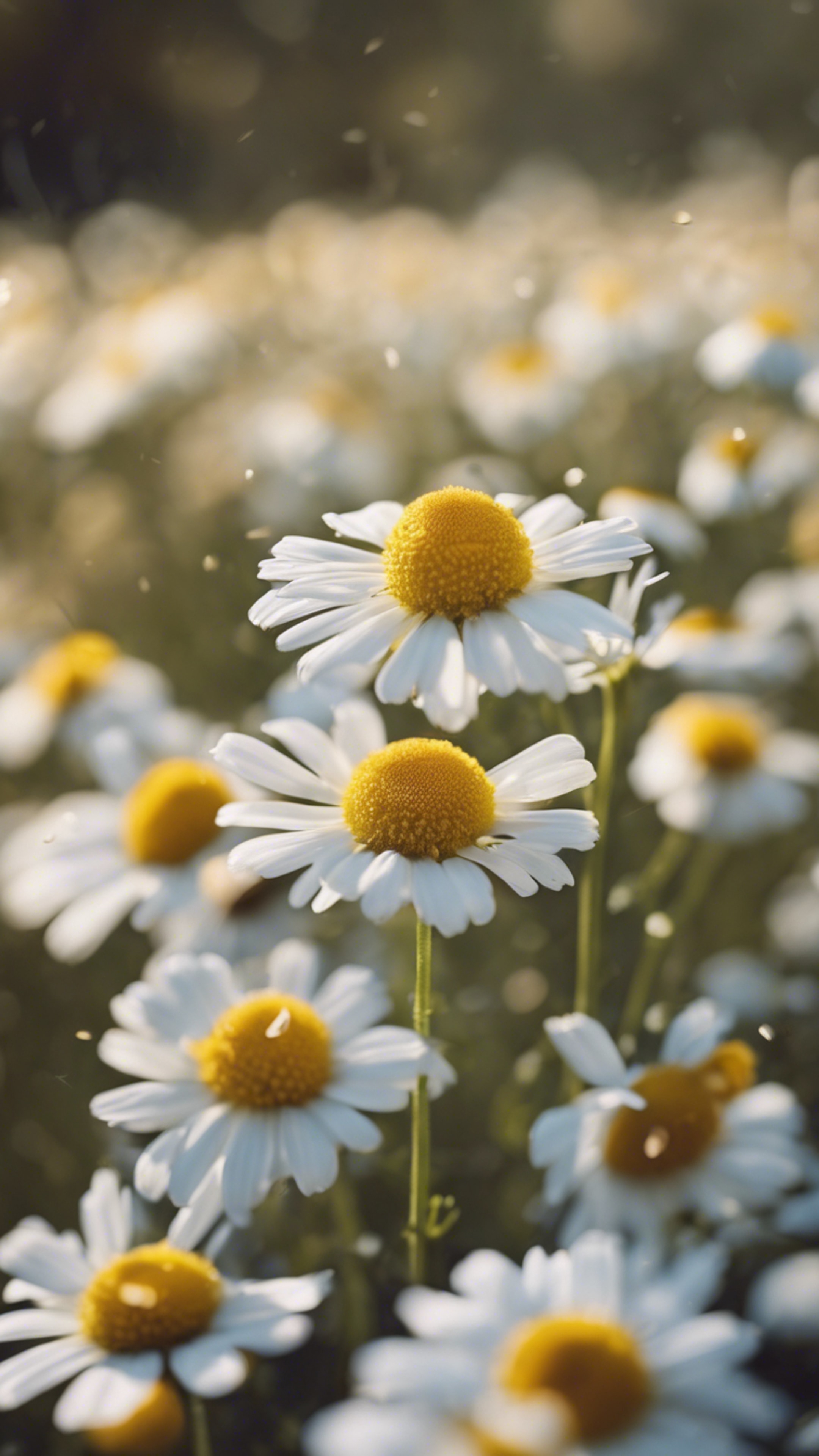 A dense field of chamomile flowers bathed in soft morning sunlight. Taustakuva[24173eec96654bd5b545]
