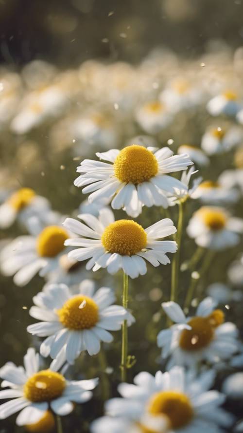 A dense field of chamomile flowers bathed in soft morning sunlight.