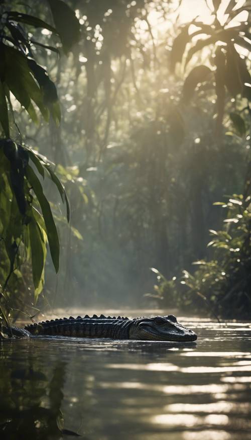 A dense jungle at dawn, swirls of mist rising from the plant laden ground, sunlight illuminating the thick canopy and caiman lurking on the river side. Tapeta na zeď [dfad976c09114c0c9df9]