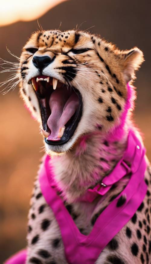 An endearing scene of a hot pink cheetah yawning, showing off its sharp teeth, basking in the twilight glow of the setting sun. Tapet [ccd231f4b2d54e5d9b59]